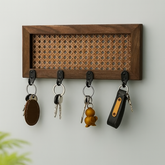 ONIJA Homes Wall Mounted Key Holder with Rattan Cane Design I Premium Teak Wood & Indonesian Natural Cane Webbing I Boho Style with 4 Metal Hooks I Size 12 in x 5 in | walnut finish